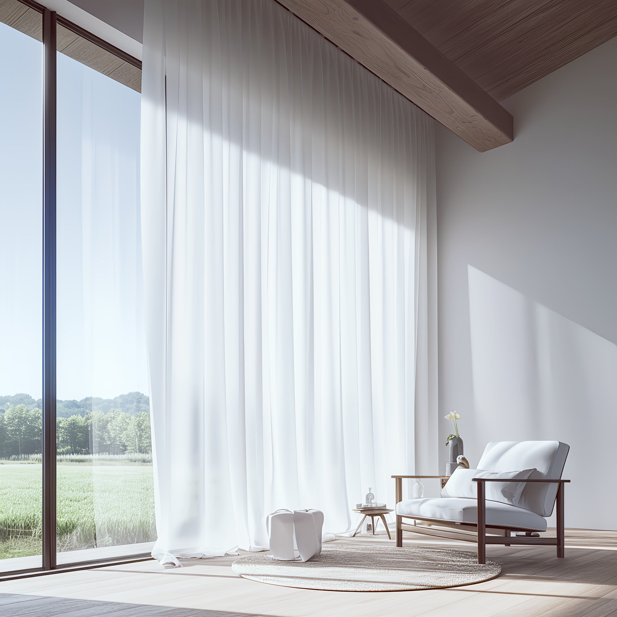 Rideau voilage grande largeur blanc semi-transparent pour baie vitrée