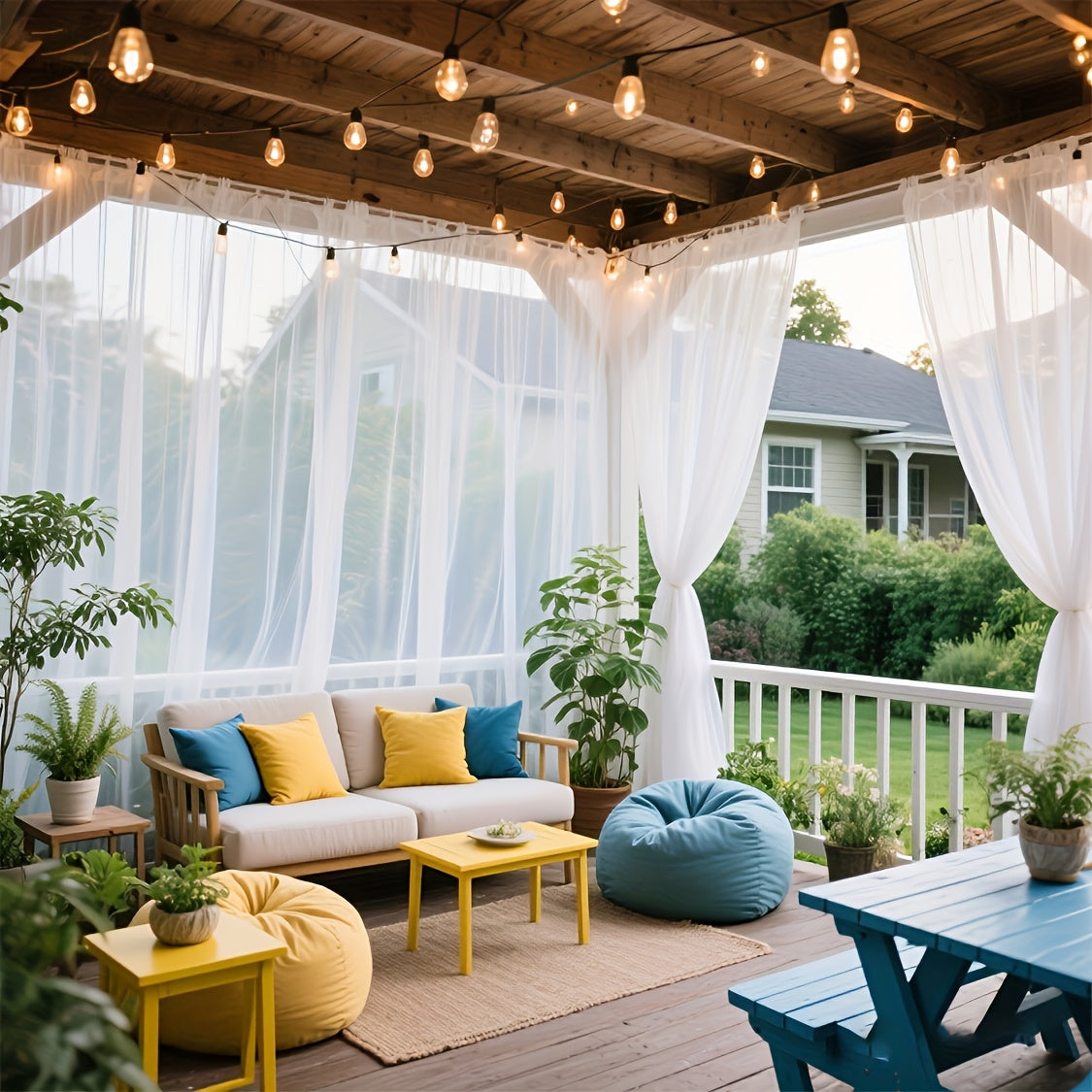 Rideau extérieur voilage blanc pour pergola et terrasse (2 panneaux), largeur 300 cm et plus
