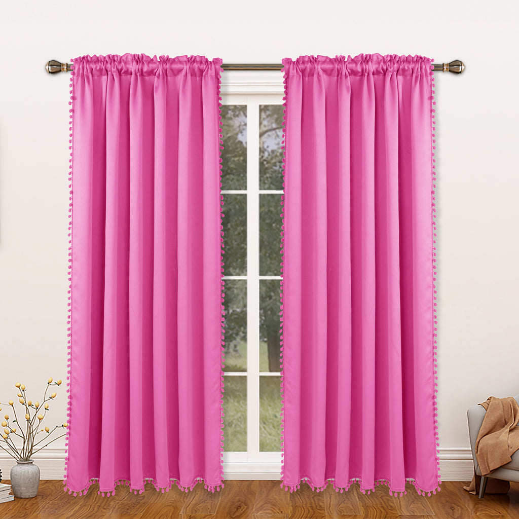 Rideau occultant thermique avec galon pompons, rose