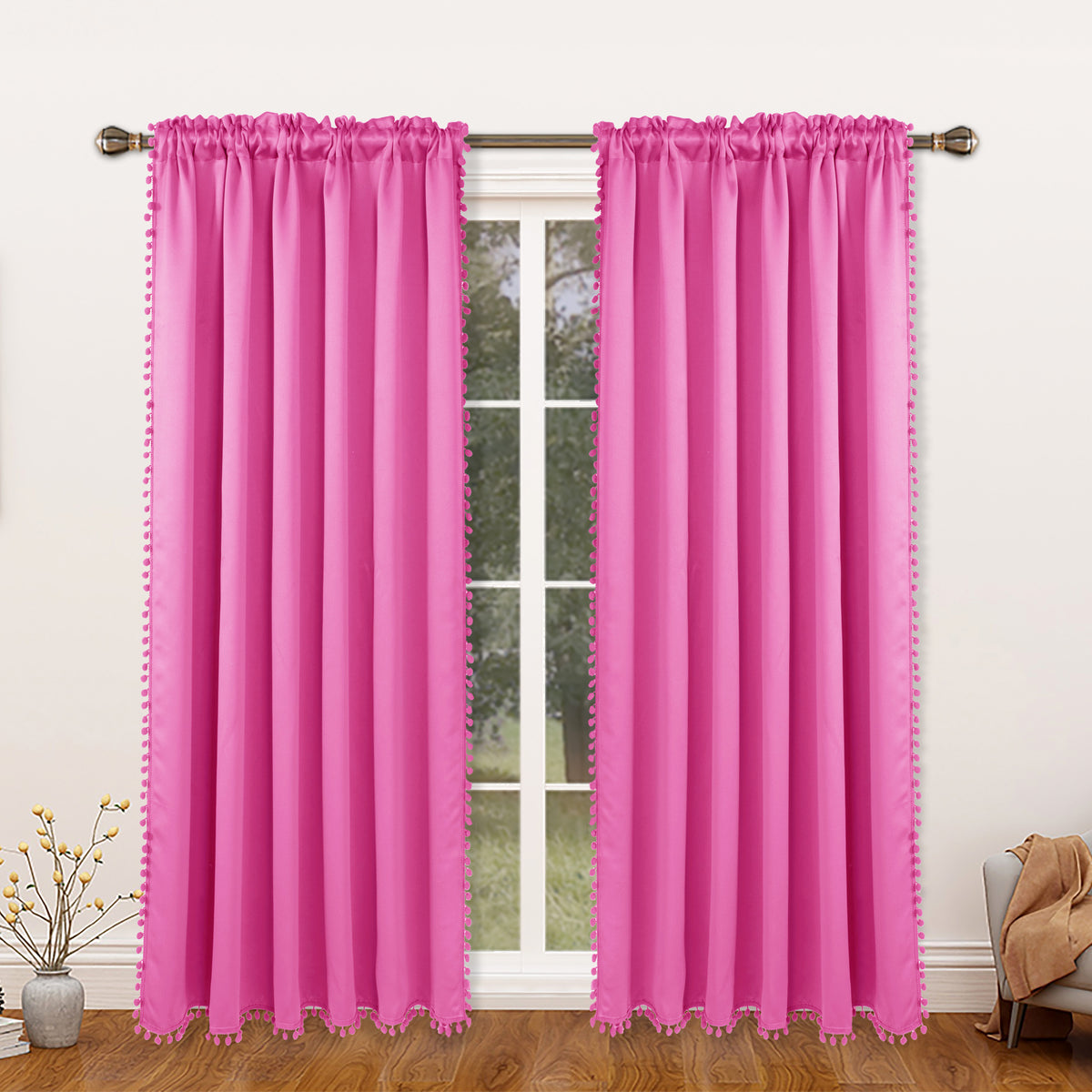 Rideau occultant thermique avec galon pompons, rose