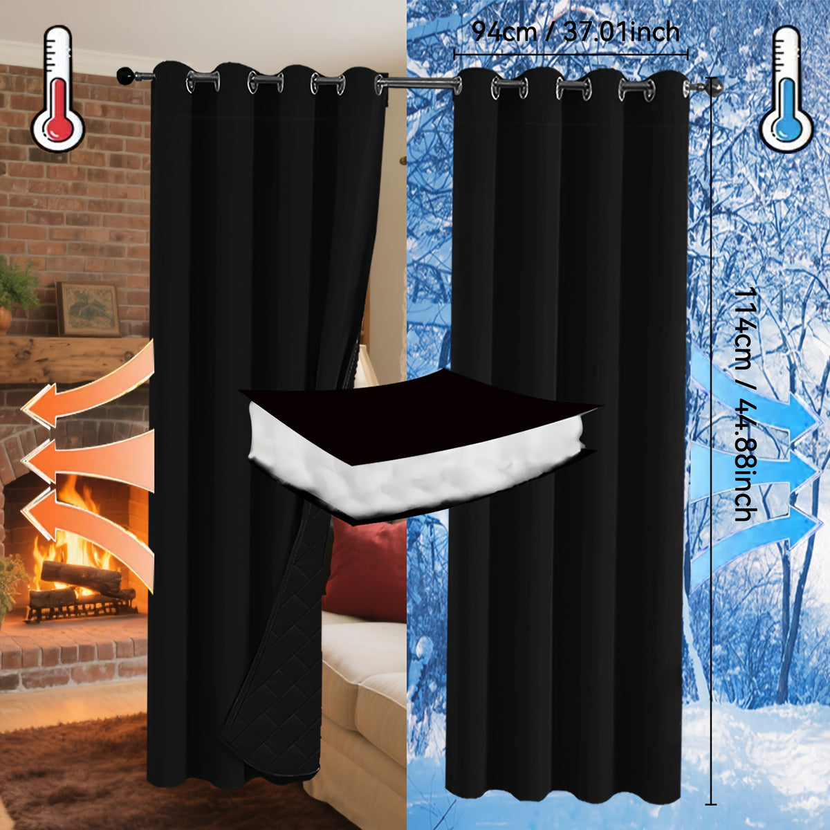 Rideaux occultants thermiques épais à œillets isolants (2 panneaux), noir
