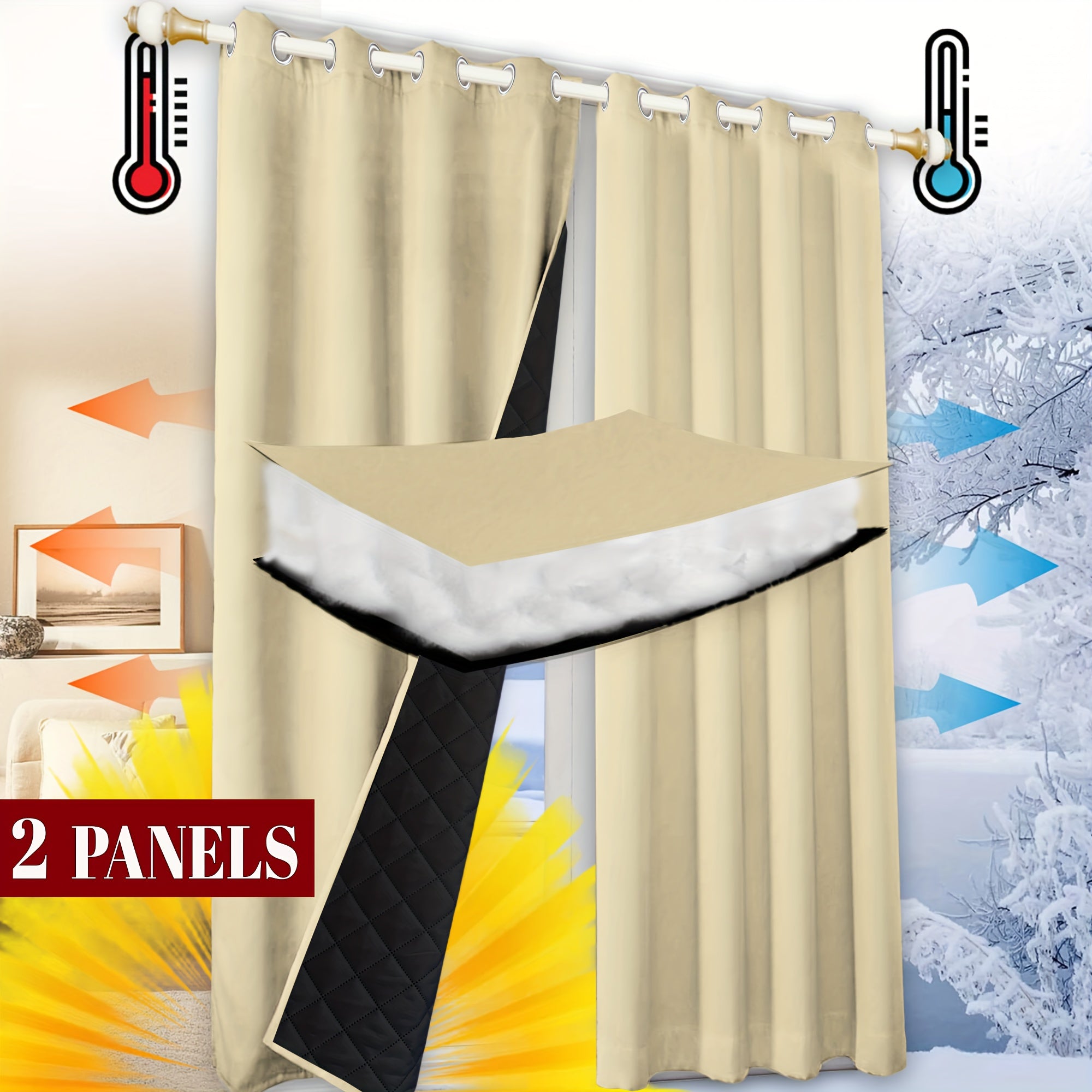 Rideau thermique matelassé isolant hiver occultant moderne (2 panneaux)