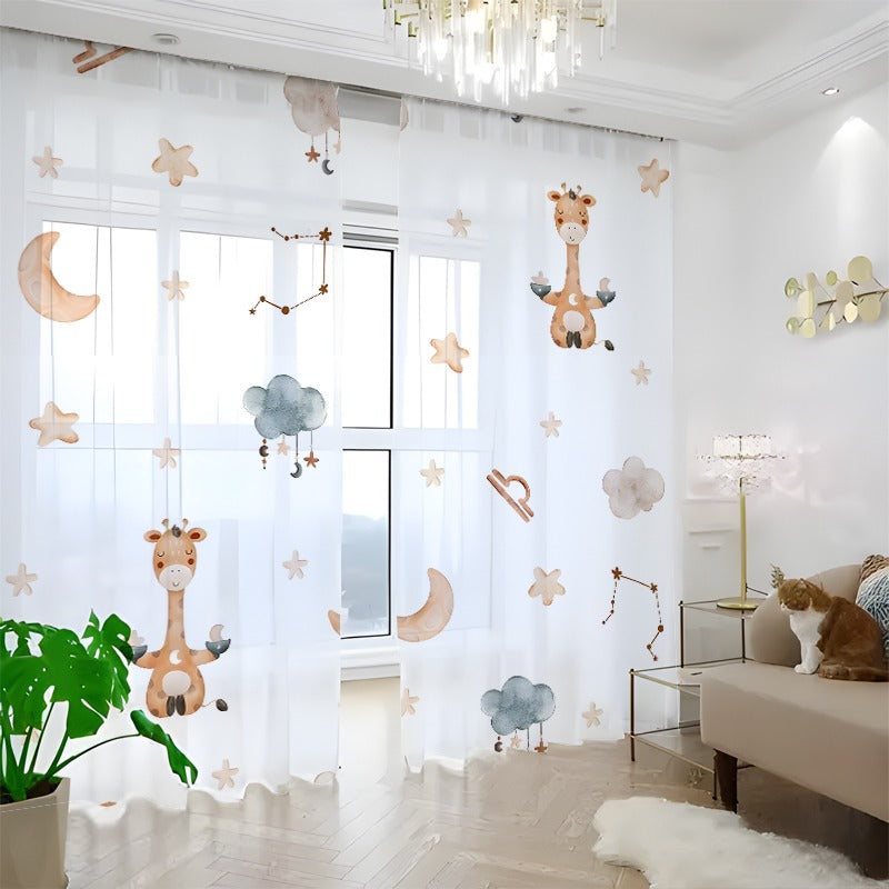 Rideaux semi-transparents enfant motif girafe et étoiles (2 panneaux)