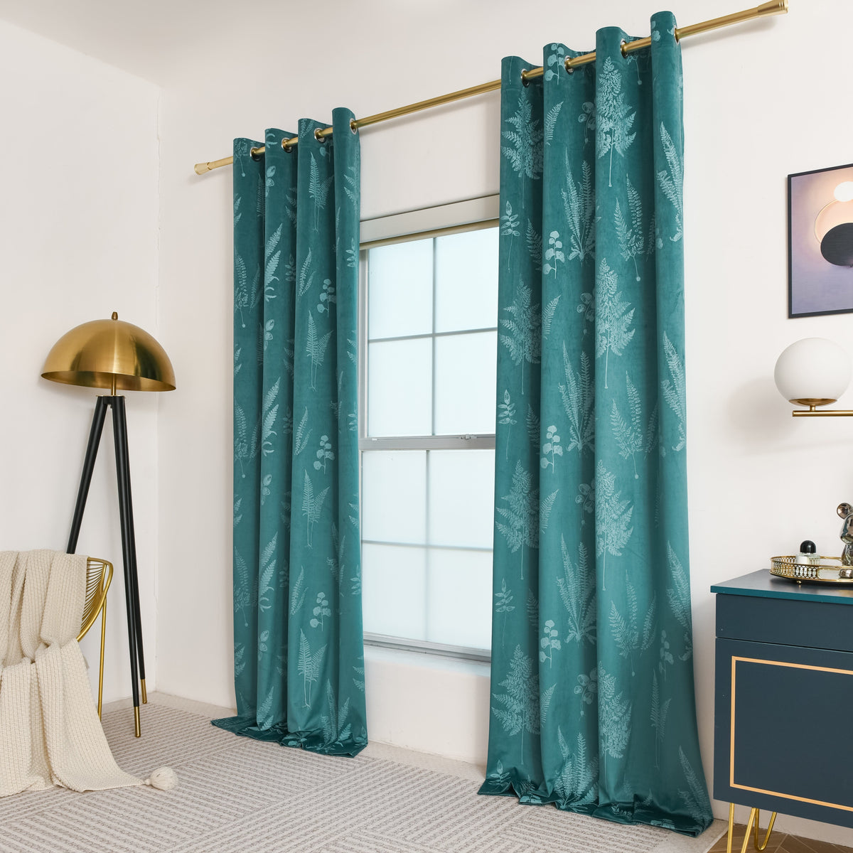 Rideau velours à œillets motif feuillage isolant thermique, bleu