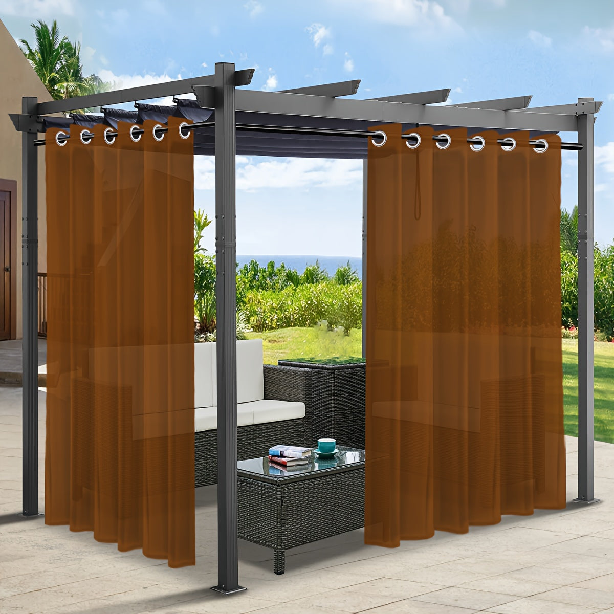 Rideaux voilage extérieur effet lin à œillets pour pergola (2 panneaux)