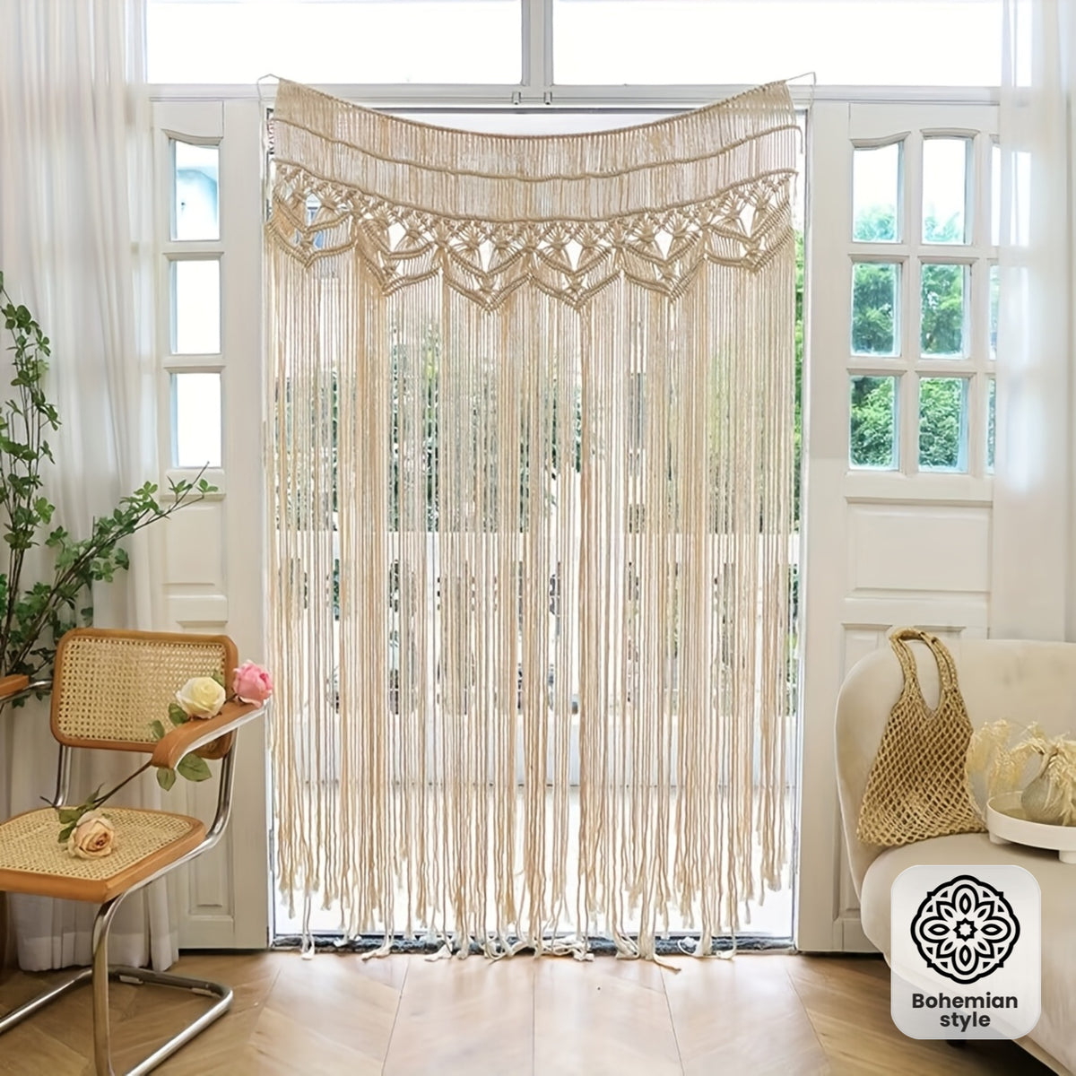 Rideau macramé bohème vague 95x180 cm en fibre naturelle (1 panneau), largeur moins de 100 cm