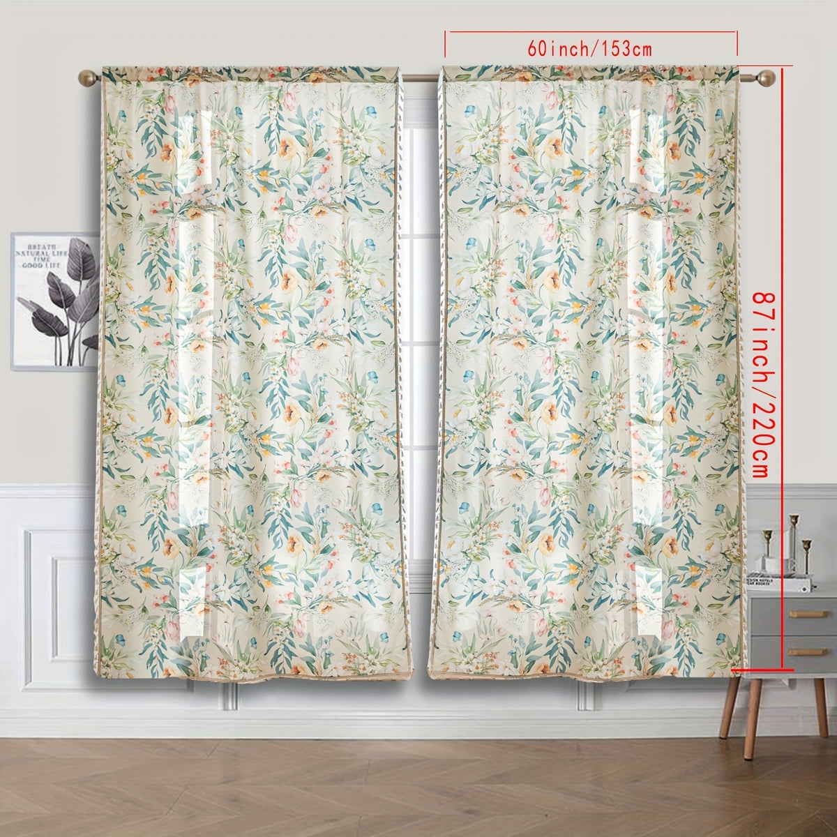 Rideaux bohème fleuris multicolores avec pompons, largeur 140 à 199 cm