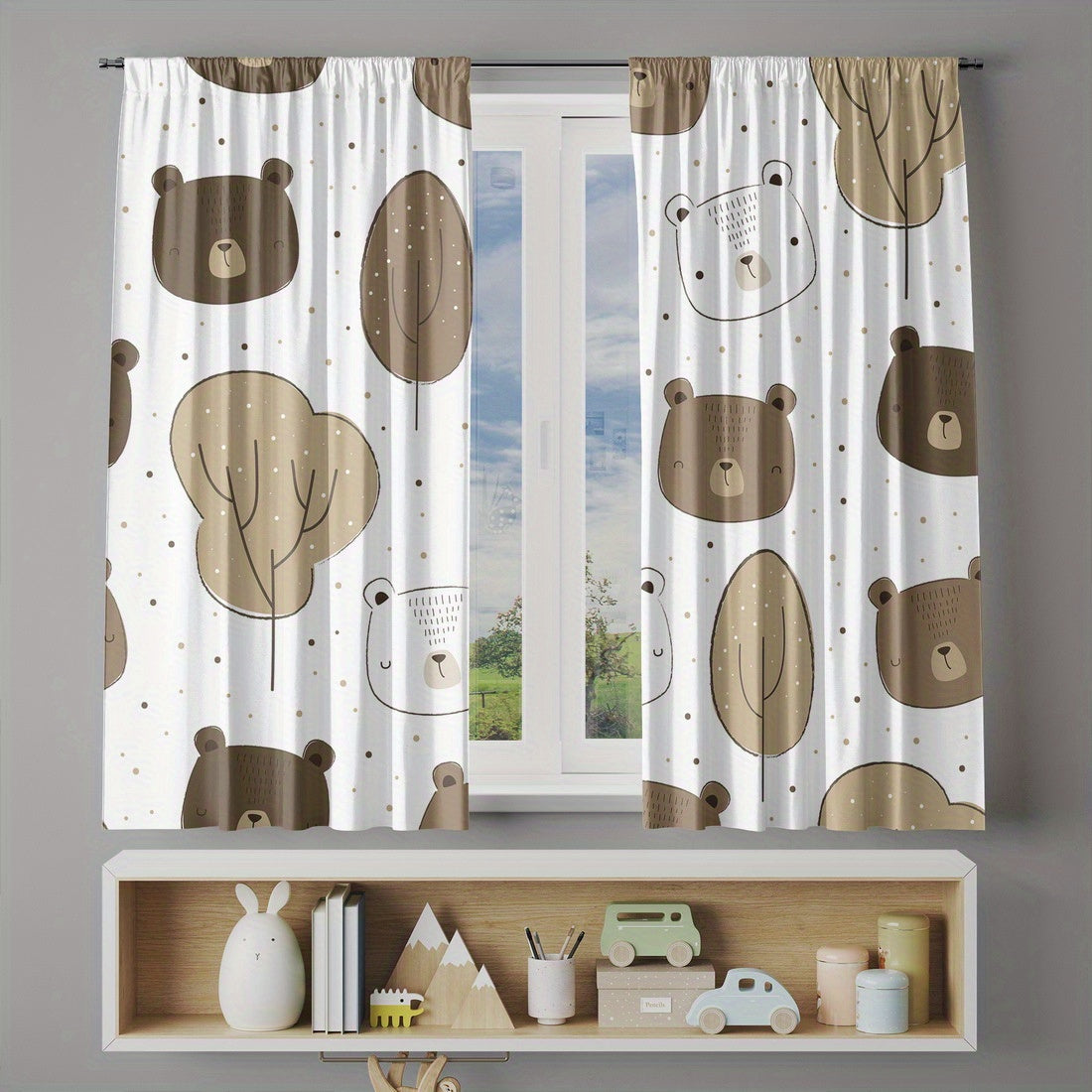 Rideau occultant enfant imprimé ours beige en polyester (2 panneaux)