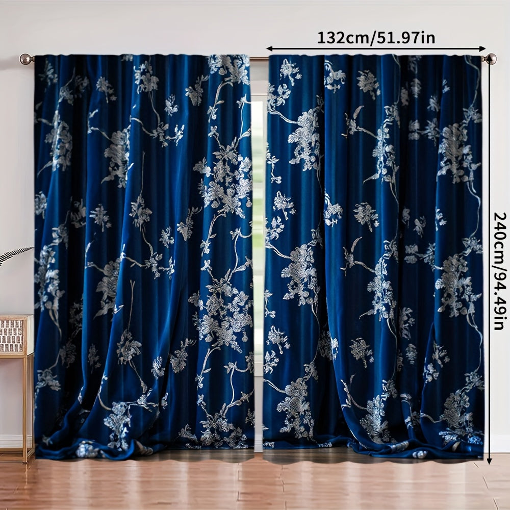 Rideaux tamisants bleu nuit à motifs floraux en polyester (2 panneaux)