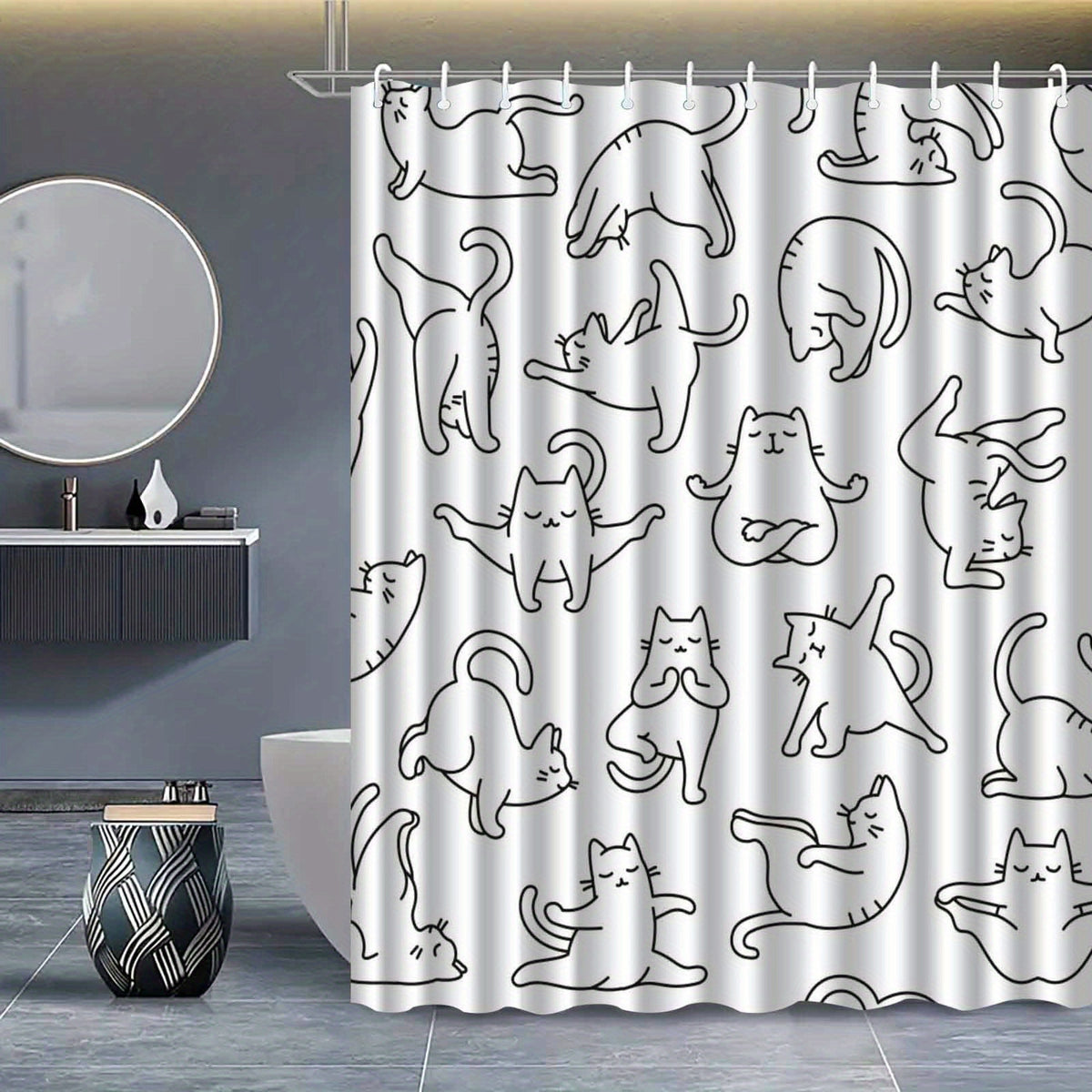 Rideau de douche en polyester imperméable motif chats minimaliste, largeur moins de 100 cm
