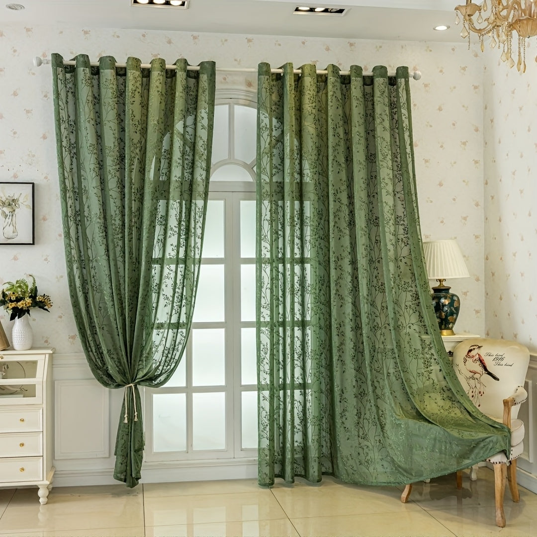 Rideau voilage vert brodé feuillage à œillets pour salon et chambre