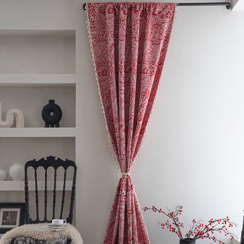 Rideau jacquard baroque rouge et rose tamisant à pampilles, largeur 140 à 199 cm