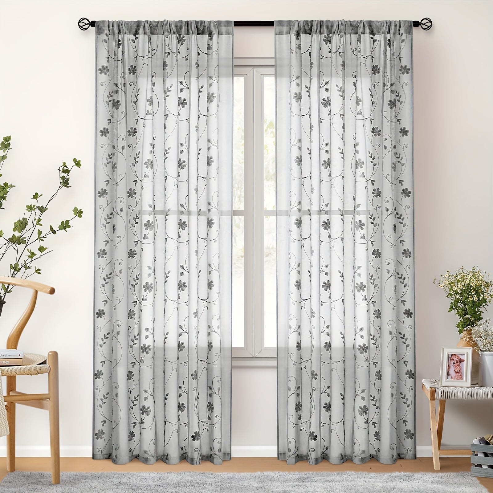 Rideaux voilage brodés fleurs semi-transparents pour salon et chambre (2 panneaux)