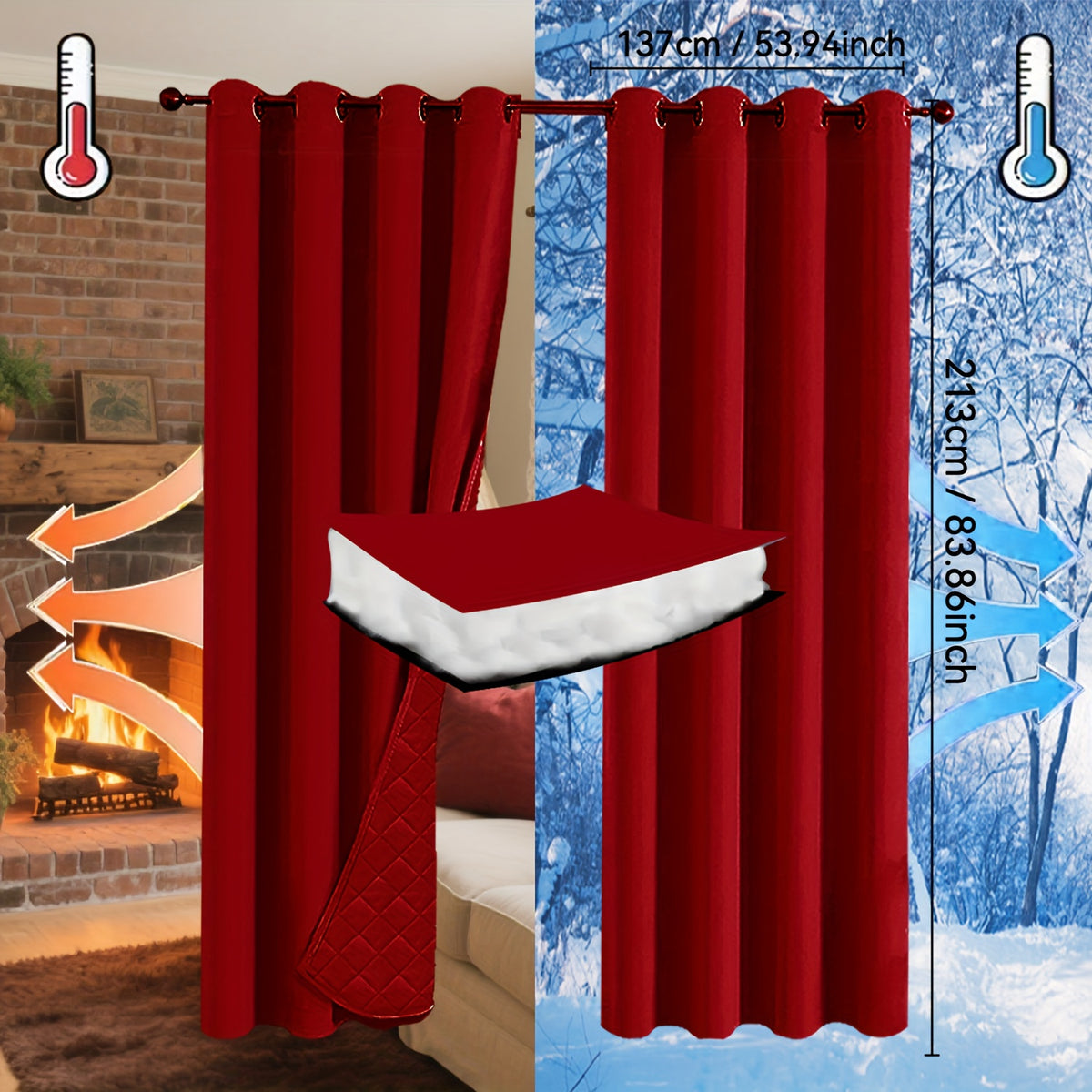 Rideaux occultants thermiques épais à œillets isolants (2 panneaux), rouge