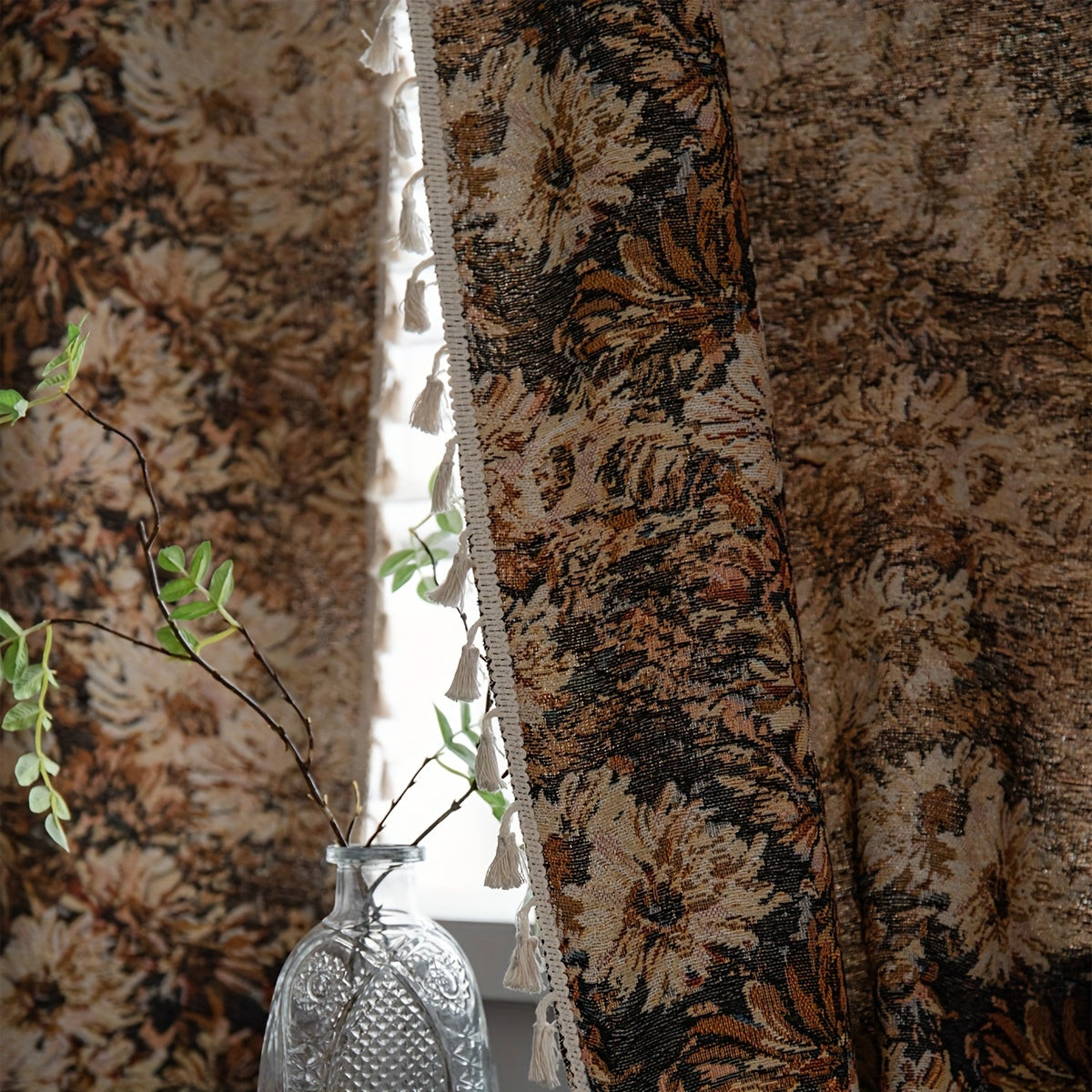 Rideau tamisant floral vintage marron en polyester pour cuisine