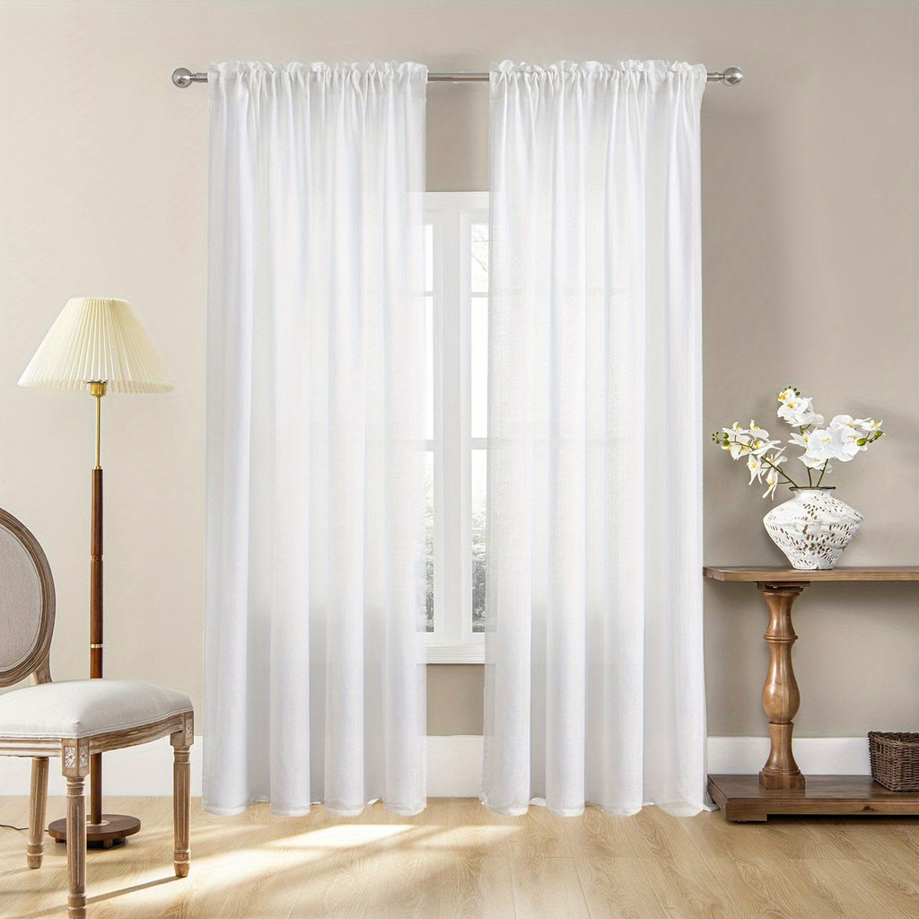 Rideaux voilage blanc semi-transparent effet lin moderne (2 panneaux), largeur 100 à 139 cm
