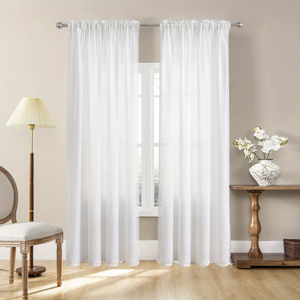 Rideaux voilage blanc semi-transparent effet lin moderne (2 panneaux), largeur 100 à 139 cm