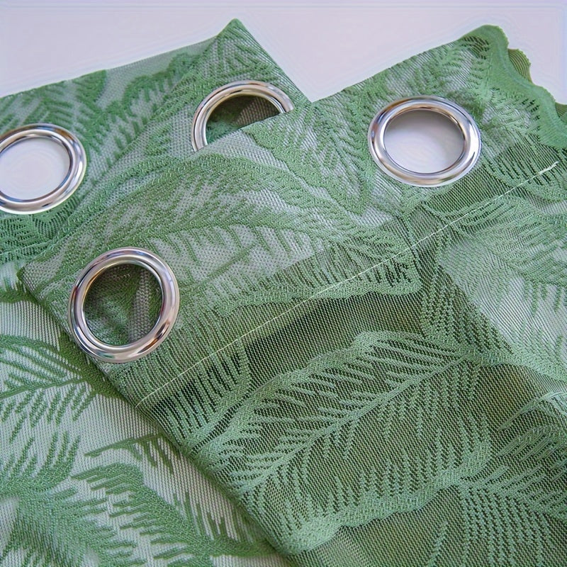 Rideau voilage vert à motifs feuilles ajouré avec œillets
