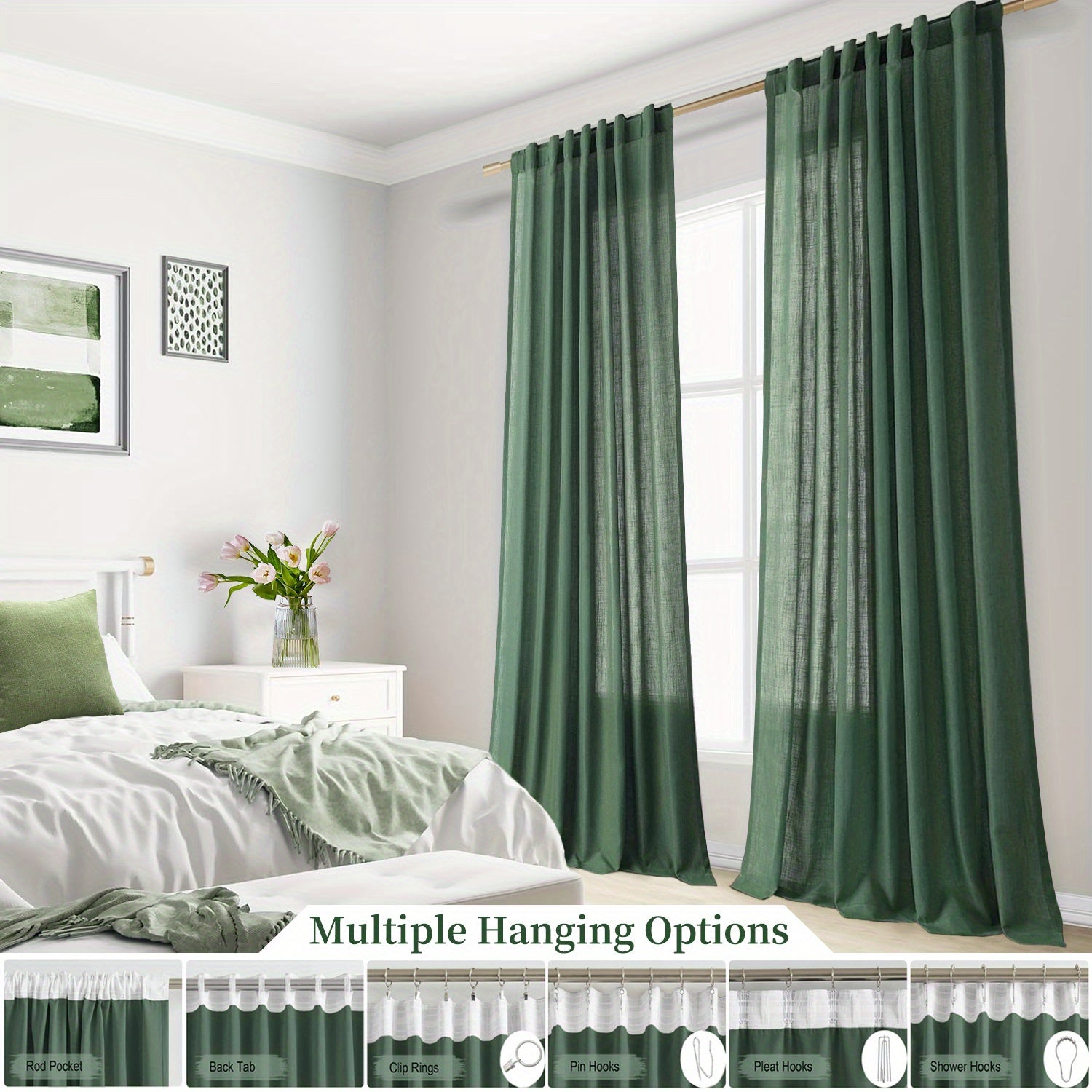 Rideaux voilage lin mélangé semi-transparents style classique (2 Panneaux)