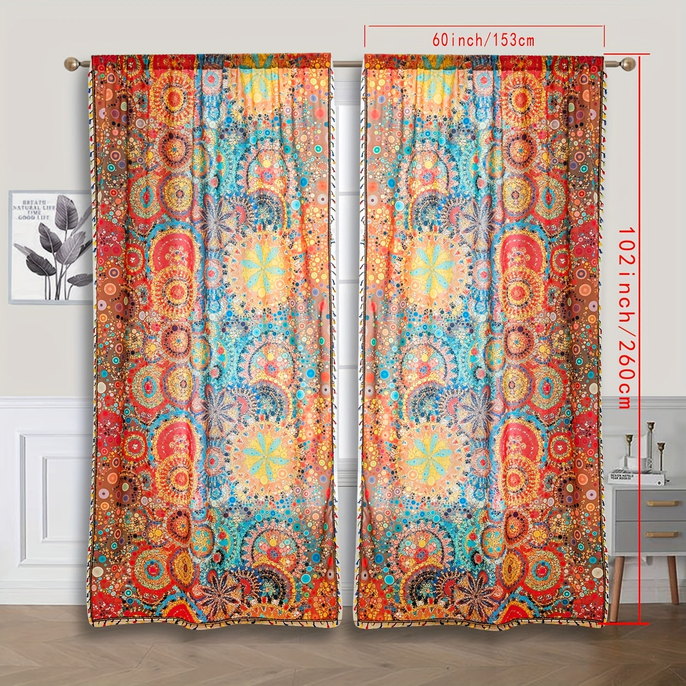 Rideaux bohèmes colorés à motifs mandala et pompons (2 panneaux)