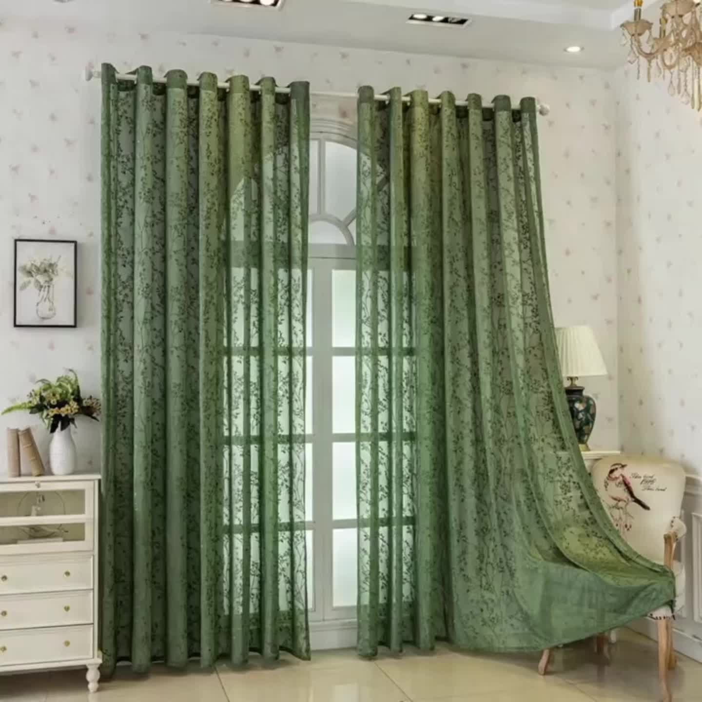 Rideau voilage vert jacquard à motifs branches style vintage