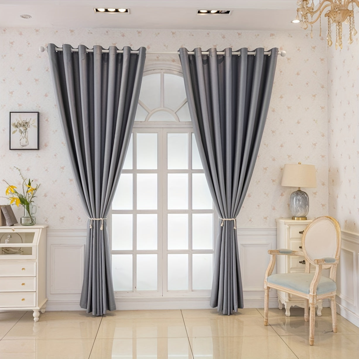 Rideaux occultants gris épais en polyester pour salon et chambre (2 panneaux)