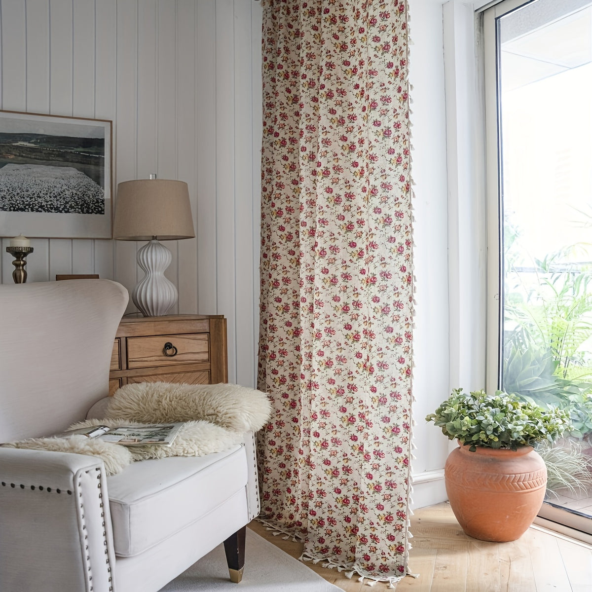 Rideau bohème fleuri en tissu effet lin avec pampilles décoratives, largeur 140 à 199 cm