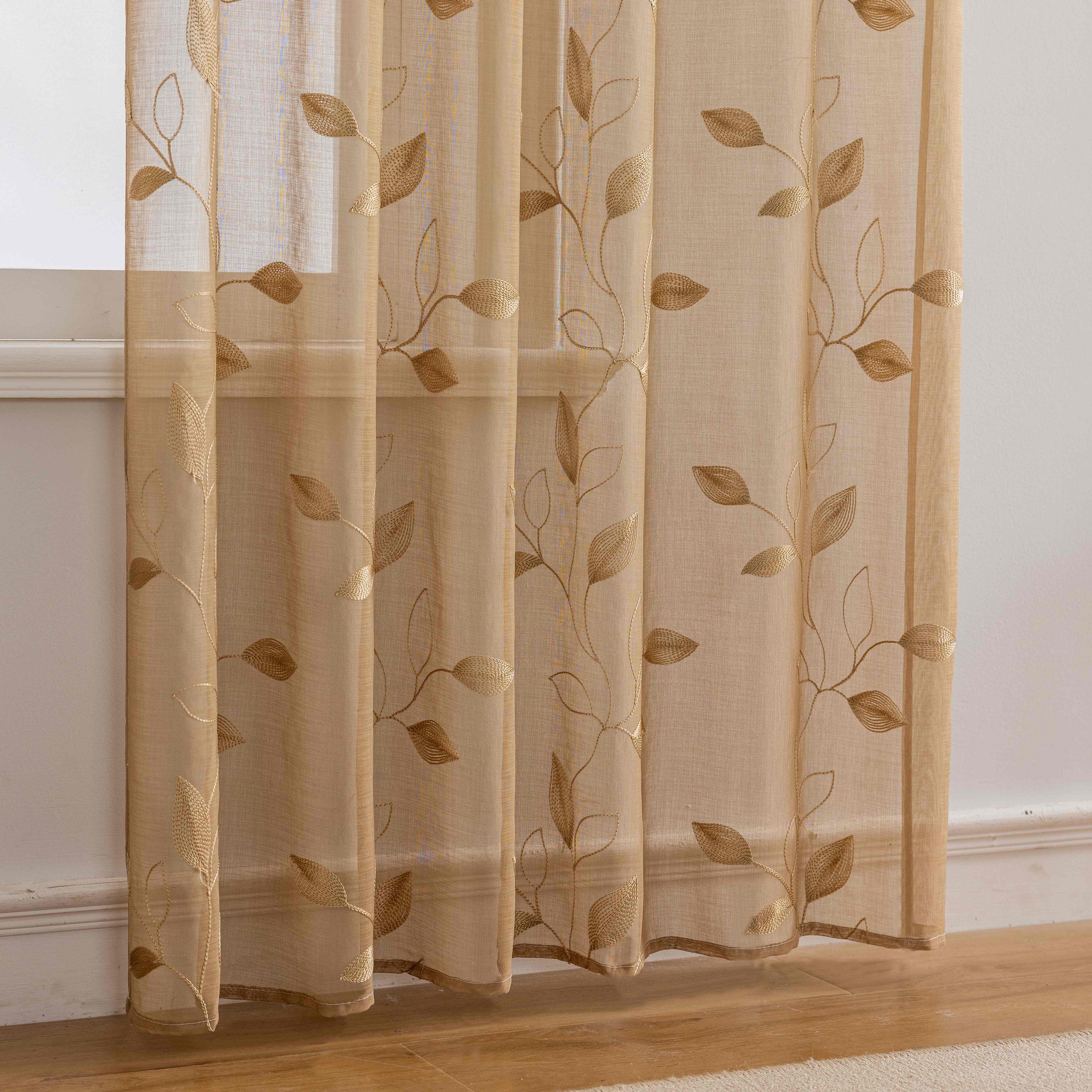 Rideaux voilage brodés feuilles style campagne chic (2 panneaux)