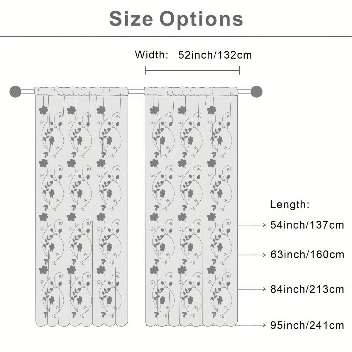 Rideaux voilage brodés fleurs semi-transparents, hauteur moins de 160 cm