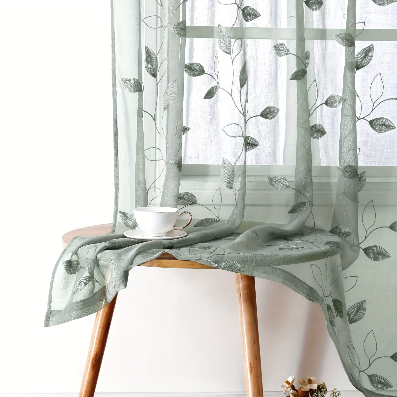 Rideaux voilage brodés motif feuilles style jardin pour salon et chambre (2 panneaux)