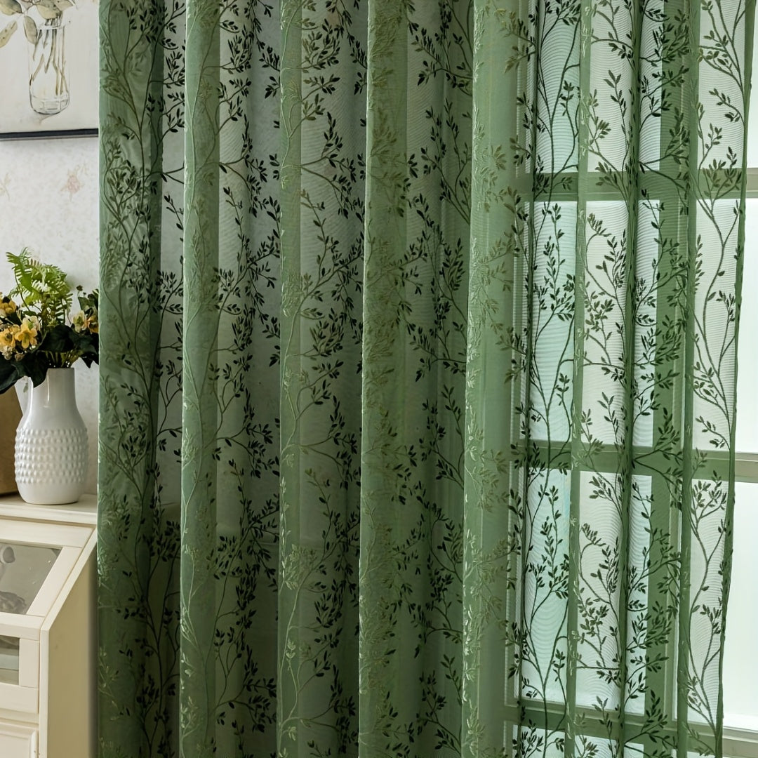 Rideau voilage vert brodé feuillage à œillets pour salon et chambre
