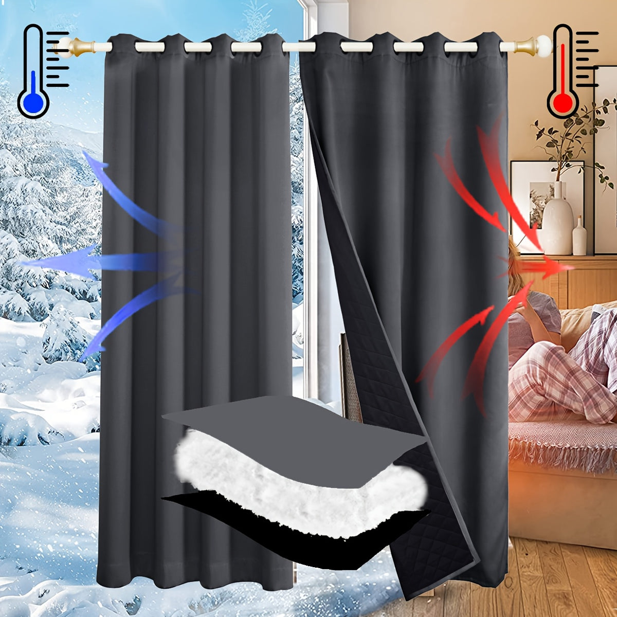Rideau thermique occultant épais hiver coupe-vent à œillets, largeur 100 à 139 cm