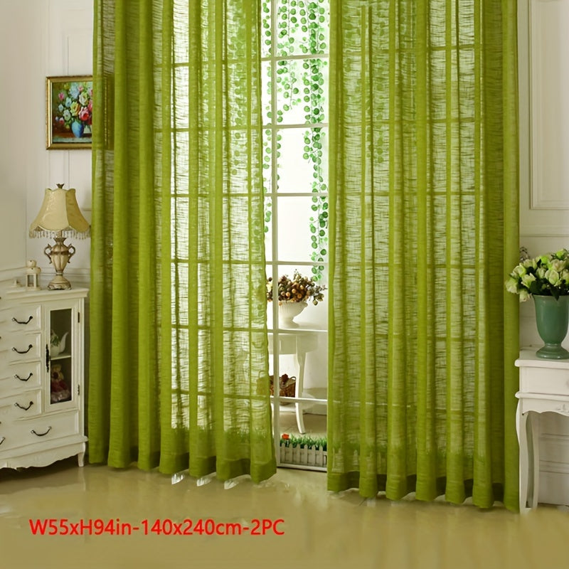 Rideau voilage vert texturé épais effet lin moderne (2 panneaux), vert