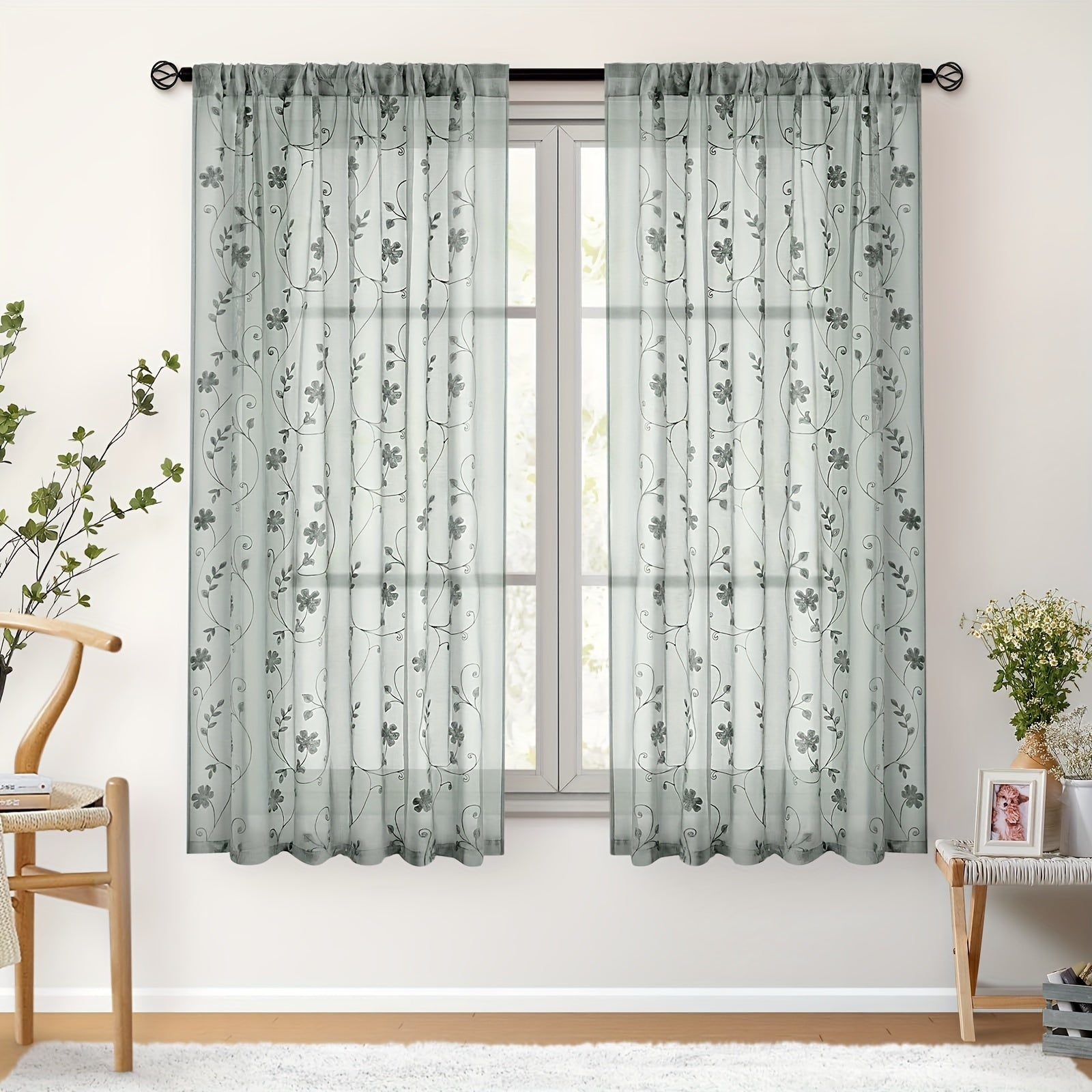Rideaux voilage brodés fleurs semi-transparents pour salon et chambre (2 panneaux)