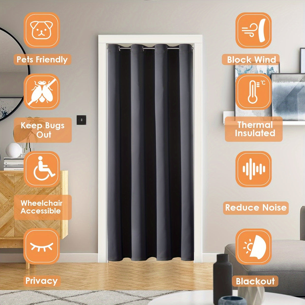 Rideau occultant thermique pour porte et placard, hauteur 160 à 199 cm