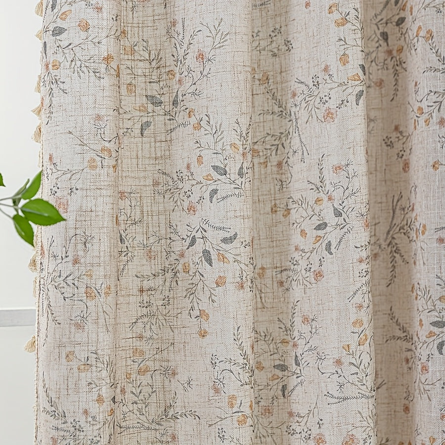 Rideau voilage fleuri style campagne chic avec pompons beige, largeur 140 à 199 cm