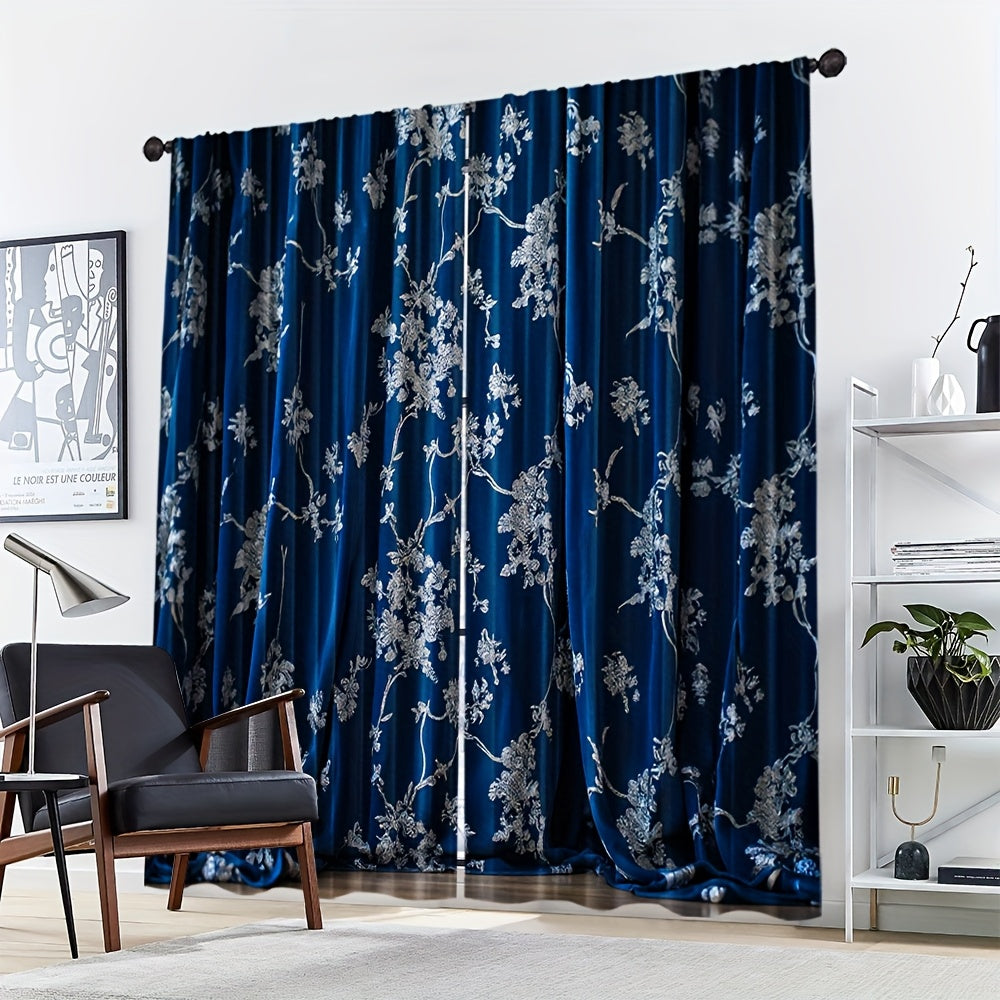Rideaux tamisants bleu nuit à motifs floraux en polyester (2 panneaux)