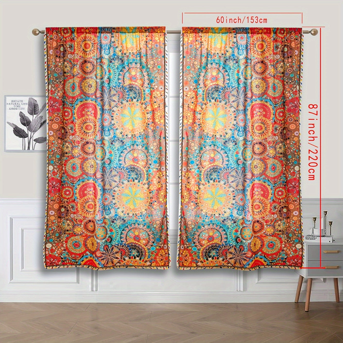 Rideaux bohèmes colorés à motifs mandala et pompons (2 panneaux)