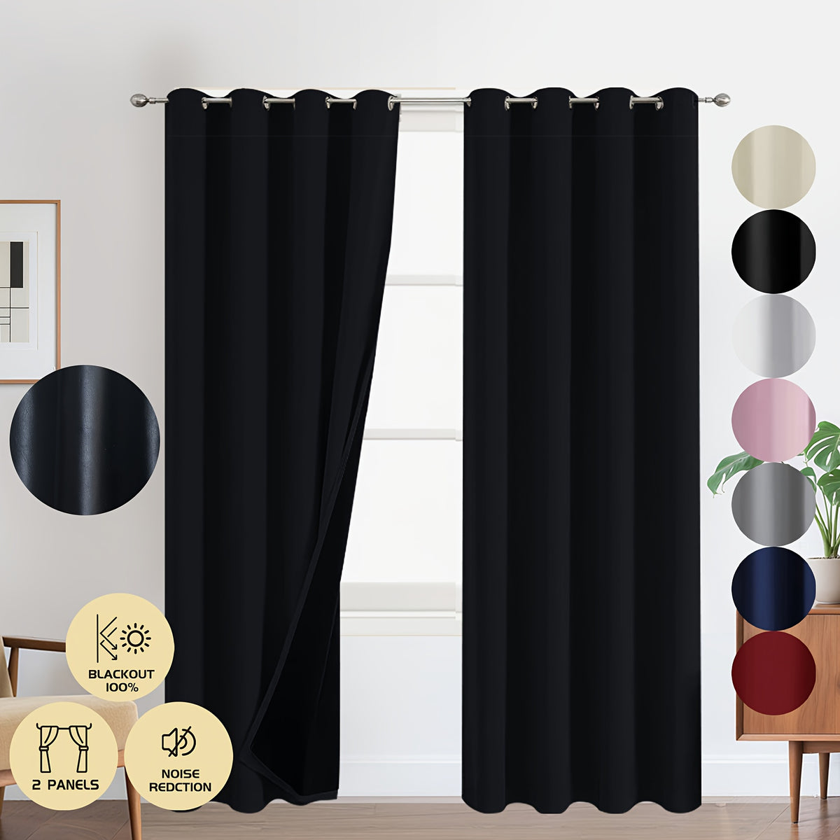 Rideaux occultants 100 % blackout à œillets, largeur moins de 100 cm