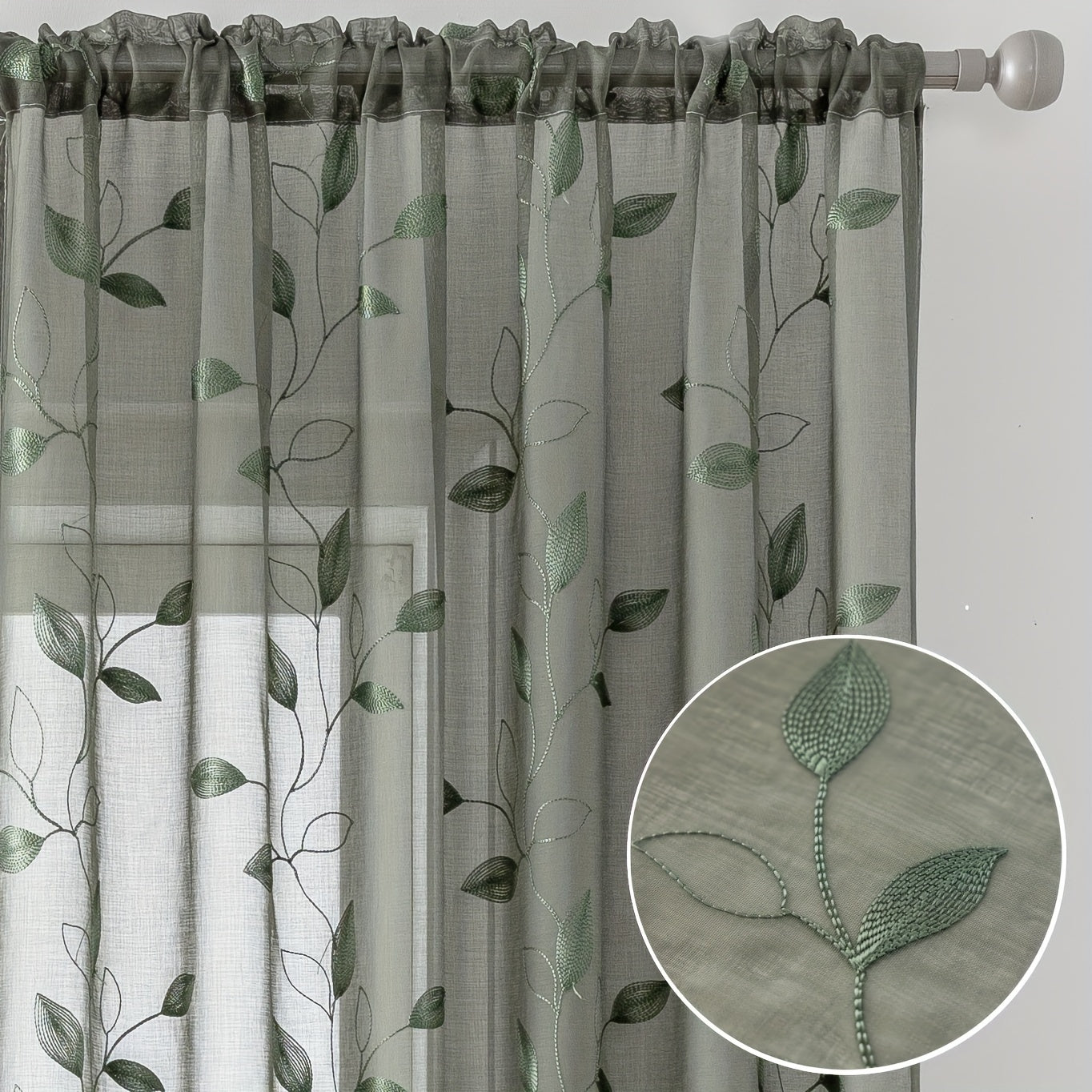 Rideaux voilage brodés feuilles style campagne chic (2 panneaux)