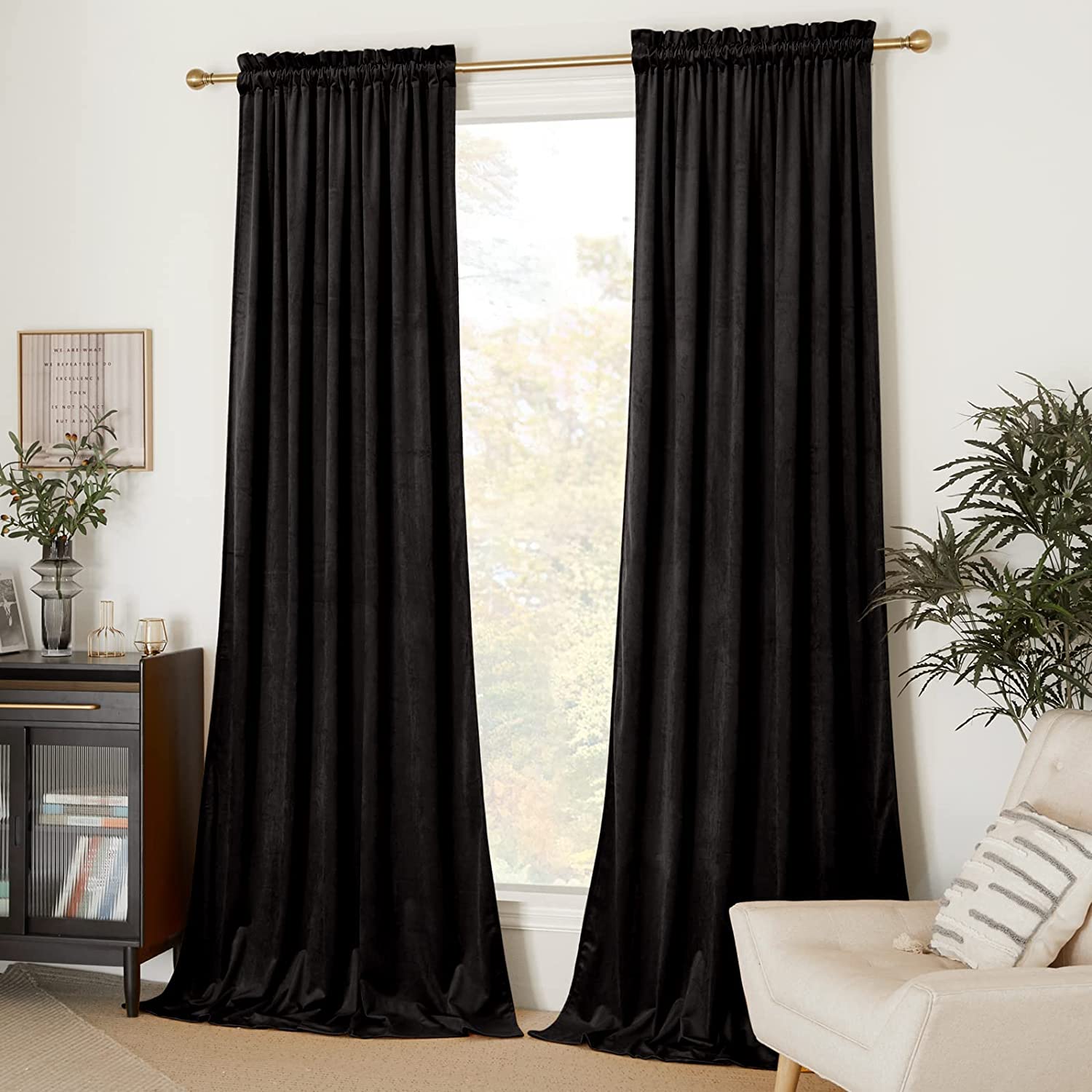 Rideau occultant en velours noir 100 % polyester pour chambre