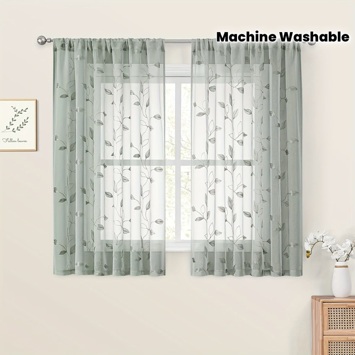 Rideaux voilage brodés motif feuilles style jardin, largeur moins de 100 cm