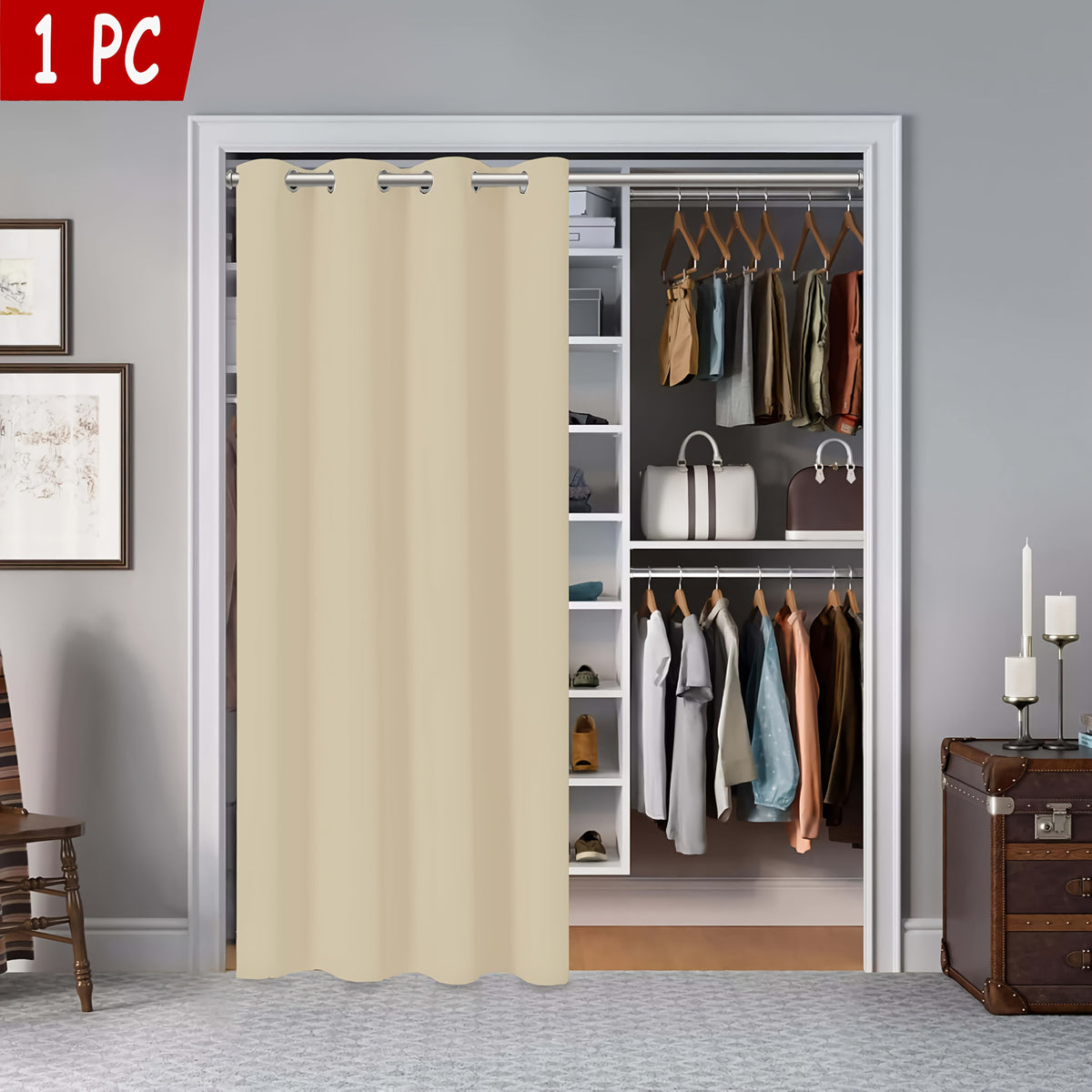Rideau occultant thermique pour porte et placard en polyester à œillet, crème