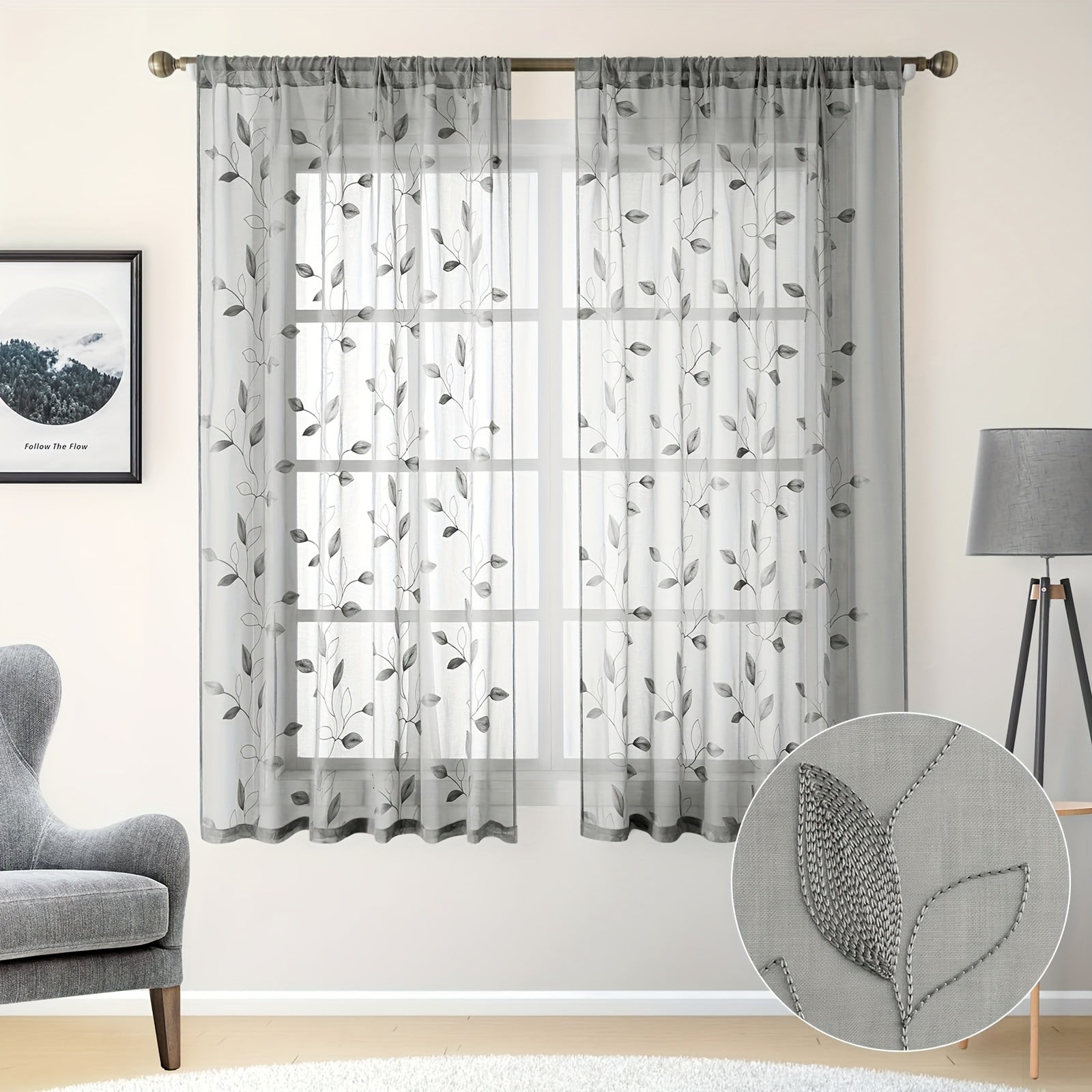 Rideaux voilage brodés motif feuilles style jardin pour salon et chambre (2 panneaux)