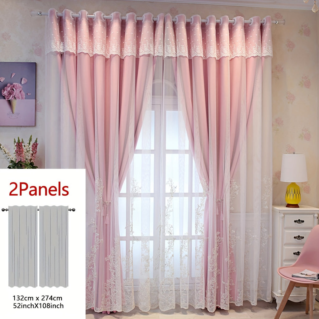 Rideaux occultants double épaisseur avec dentelle brodée romantique (2, rose