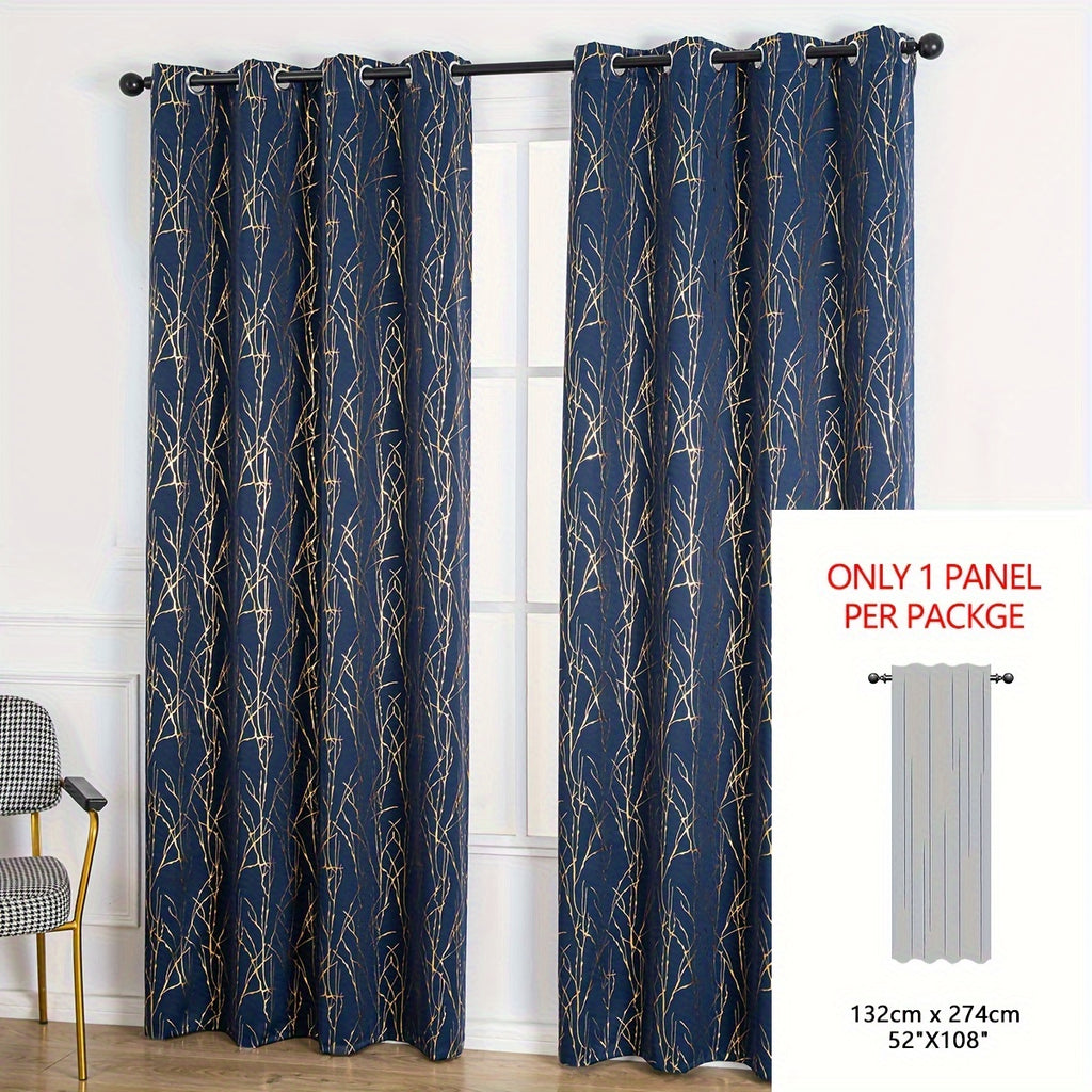 Rideau occultant à motifs branches dorées en polyester, bleu