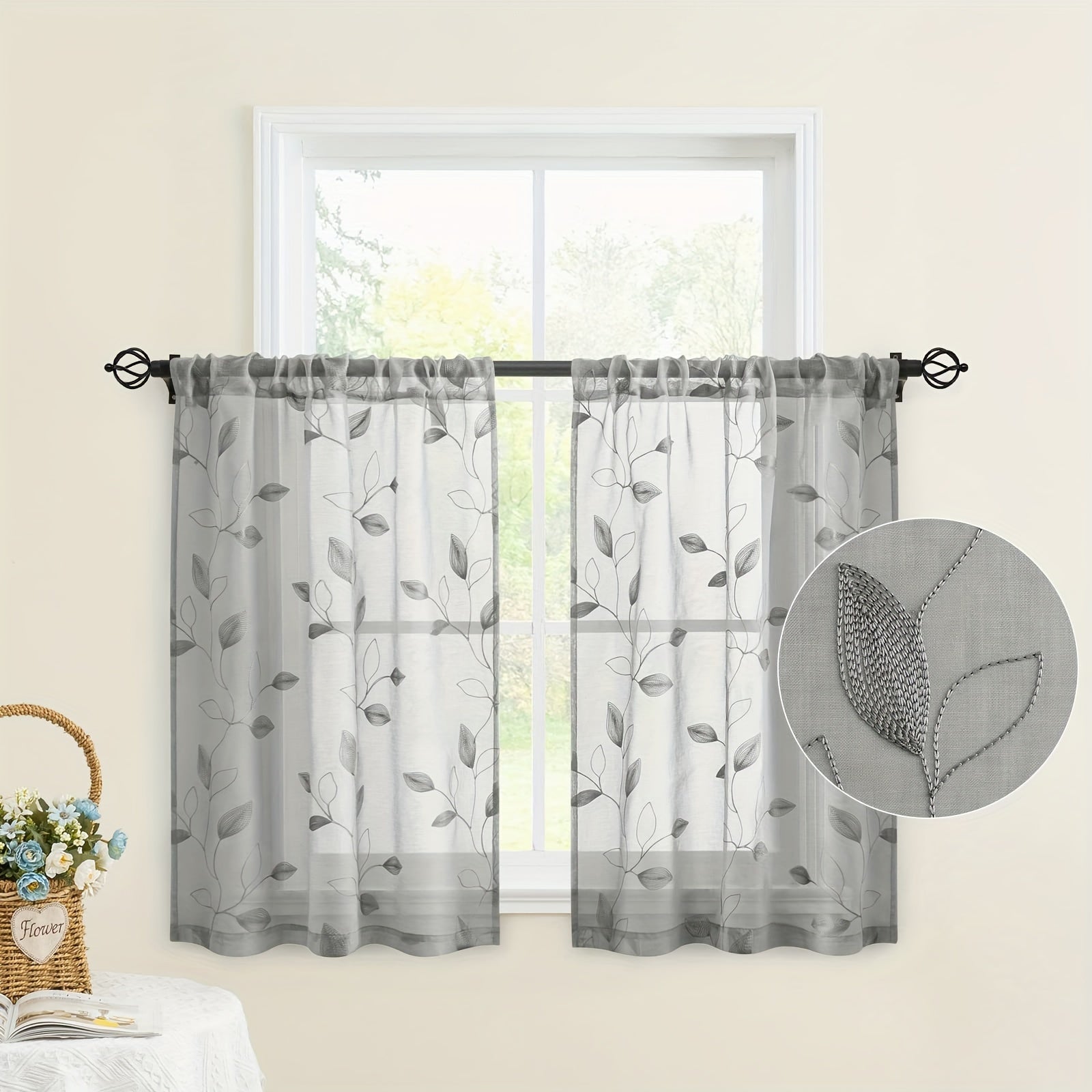 Rideaux voilage brodés motif feuilles style jardin pour salon et chambre (2 panneaux)