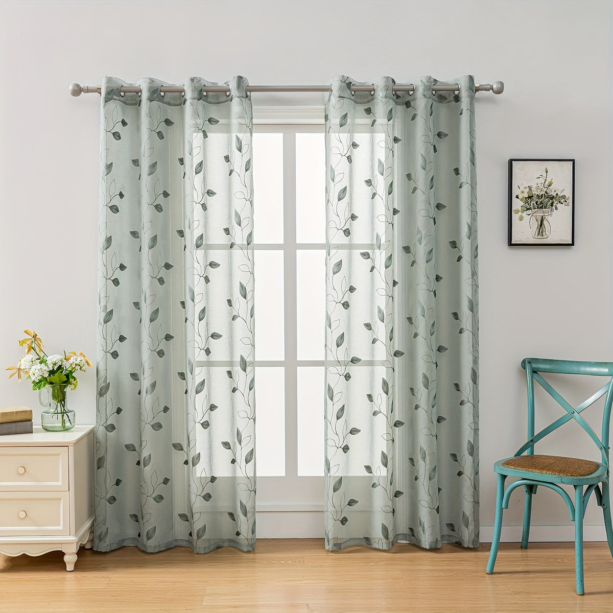 Rideaux voilage brodés motif feuilles avec œillets, hauteur moins de 160 cm