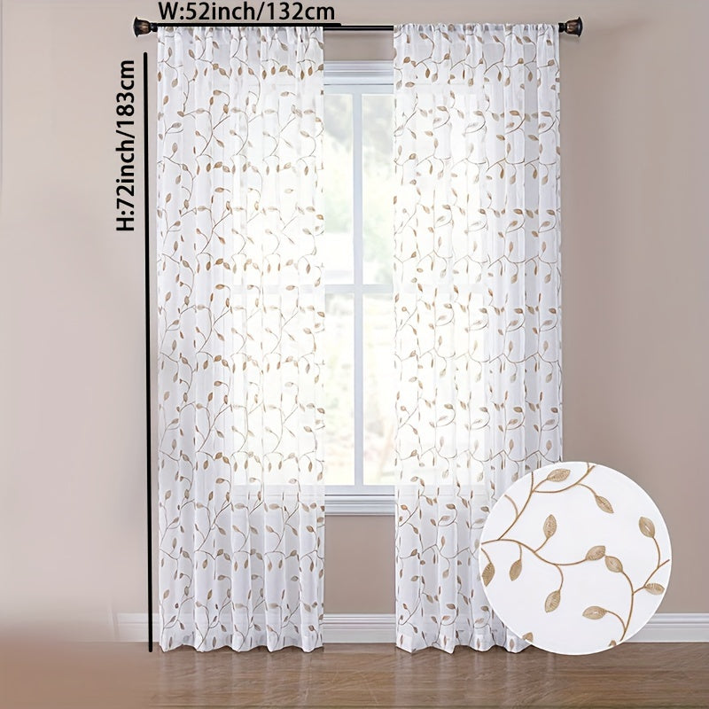 Rideau voilage brodé feuilles en polyester tamisant pour cuisine (1/2 panneaux)