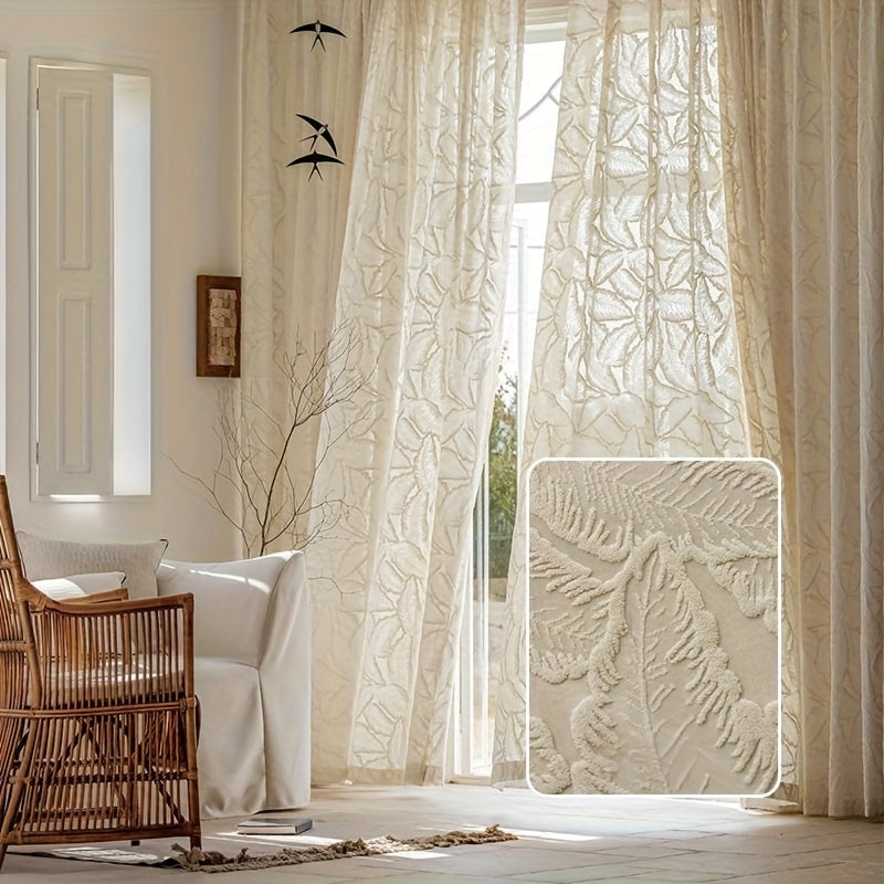 Rideau voilage velours beige brodé feuilles style rétro américain, largeur 100 à 139 cm
